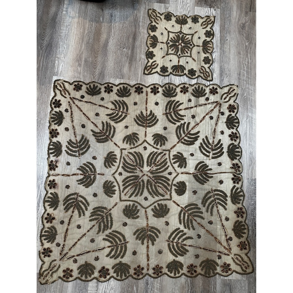 Vintage Beaded Mesh Tablecloth Linen Bronze Floral Scalloped Decorative